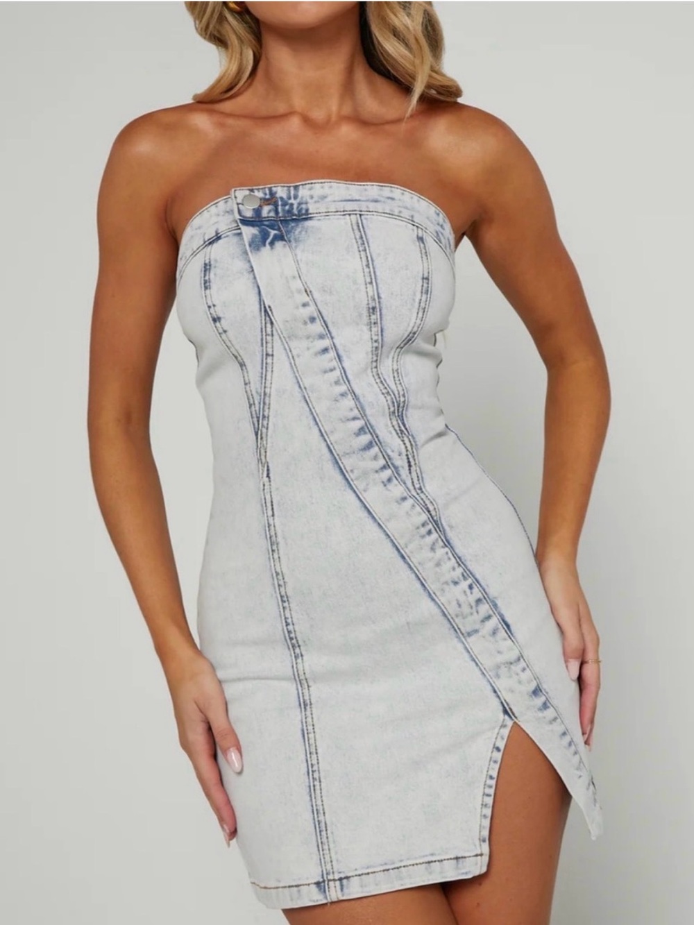 Showpo Light Wash Denim Strapless Mini Dress